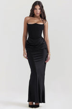 Off Shoulder Paneled Satin Midi Dress