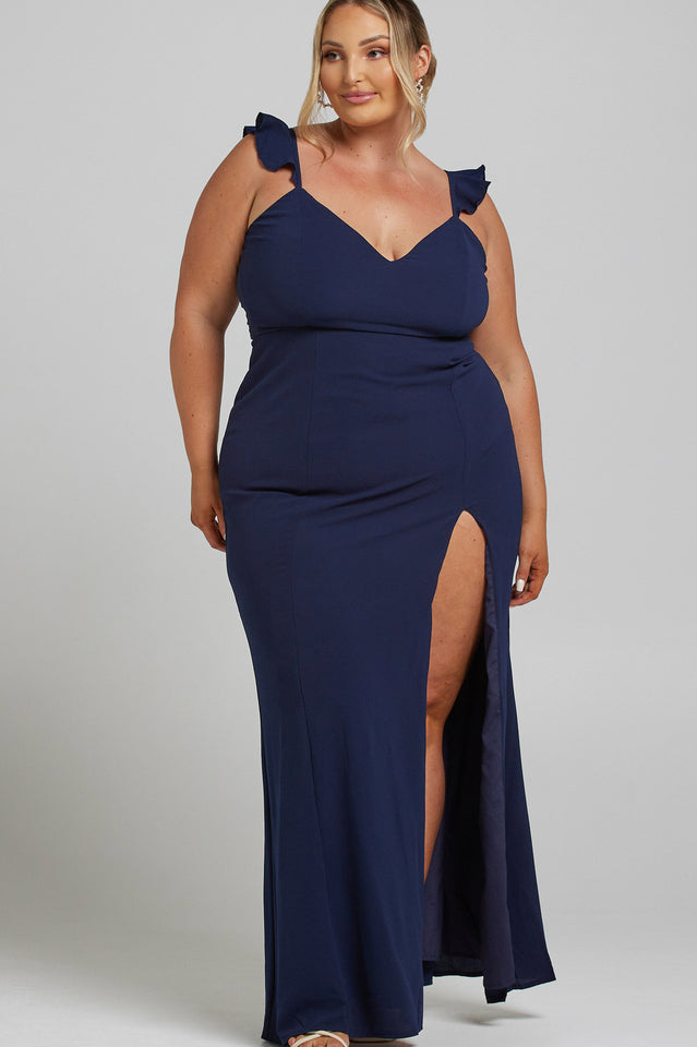 Ruffle Shoulder High Slit Maxi Dress
