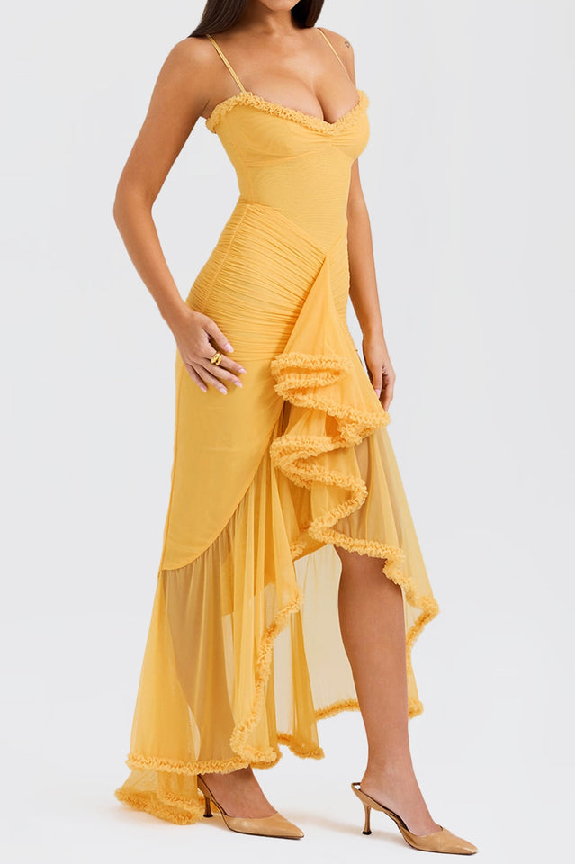 Glam Ruffled Front Ruched Gown