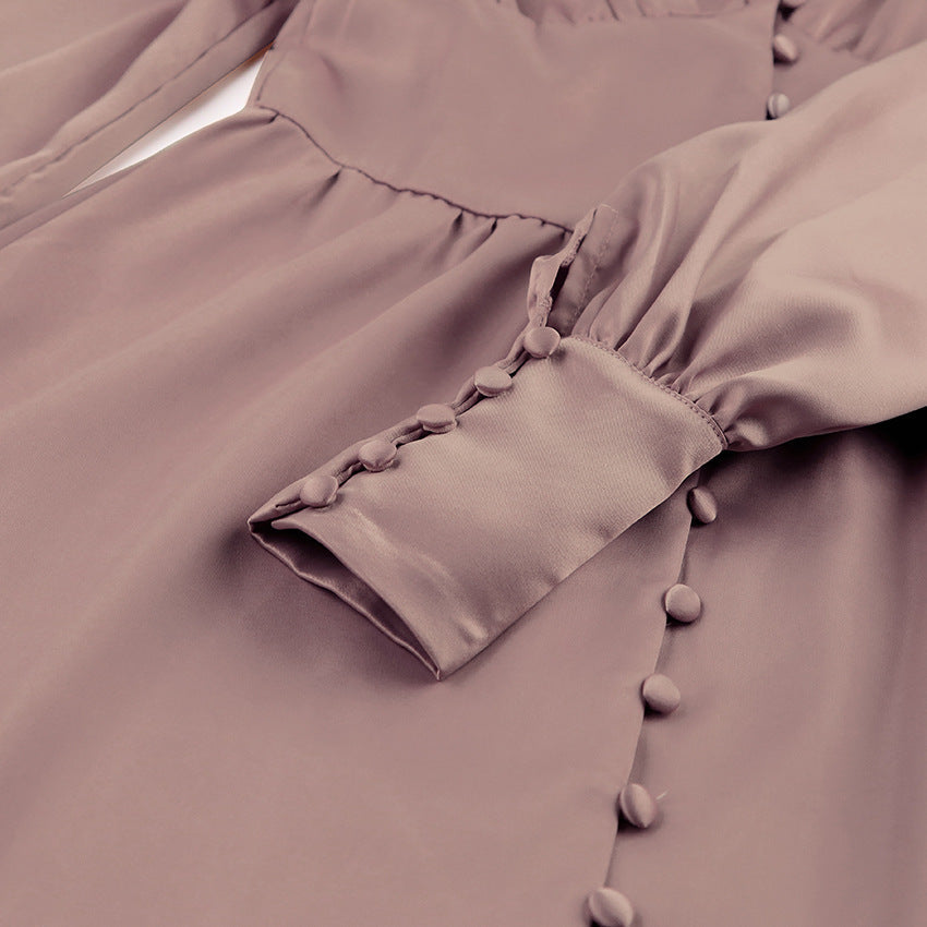 Elegant Lantern Sleeves Satin Midi Dress
