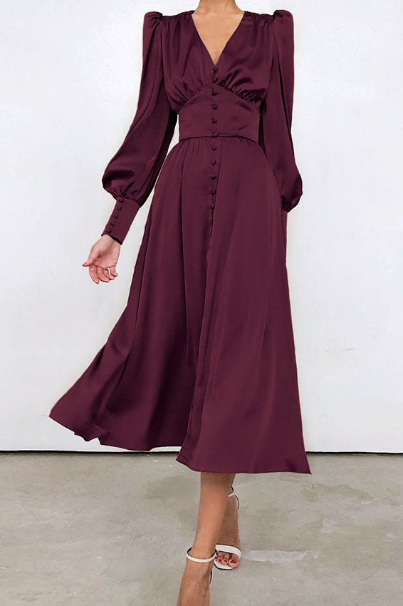Elegant Lantern Sleeves Satin Midi Dress