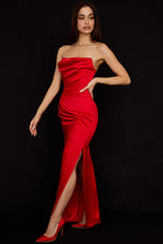 Satin Strapless High Slit Maxi Dress