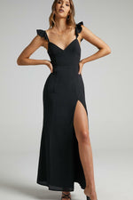 Ruffle Shoulder High Slit Maxi Dress