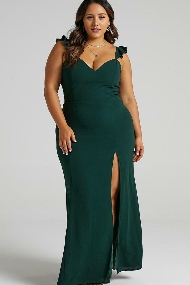 Ruffle Shoulder High Slit Maxi Dress