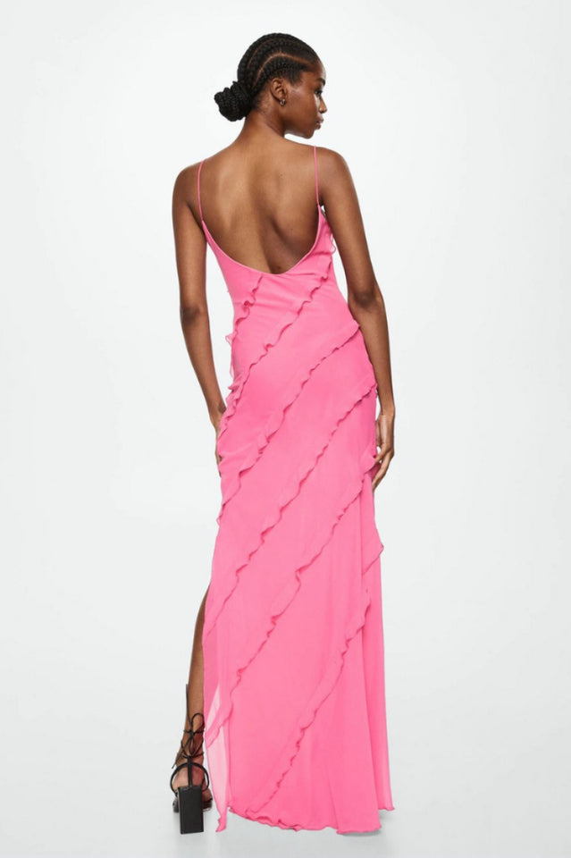Solid Ruffle Open Back Maxi Dress