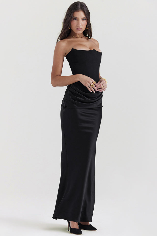Off Shoulder Paneled Satin Midi Dress