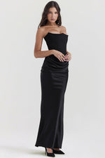 Off Shoulder Paneled Satin Midi Dress