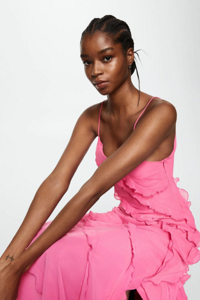 Solid Ruffle Open Back Maxi Dress