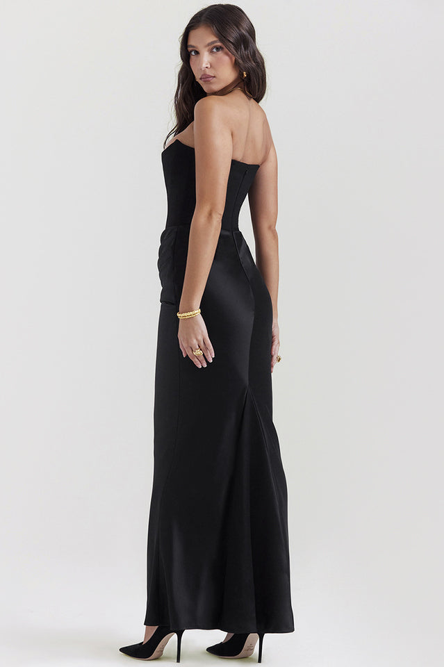 Off Shoulder Paneled Satin Midi Dress