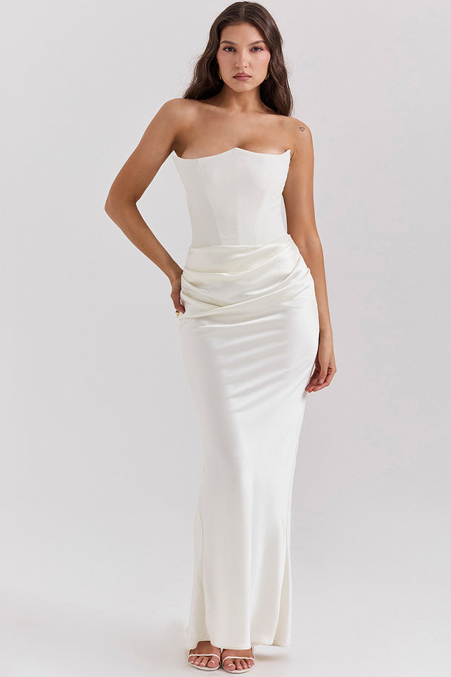 Off Shoulder Paneled Satin Midi Dress