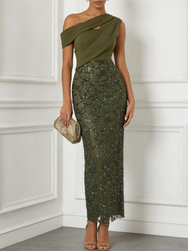 Olive Green One-Shoulder Maxi Dress