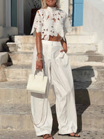 Crochet Lace Crop Top and Wide-Leg Pants Matching Sets