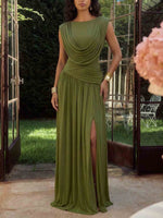 Elegant Draped Ruched High Slit Maxi Dress