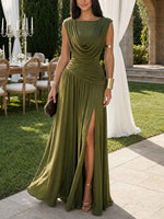 Elegant Draped Ruched High Slit Maxi Dress
