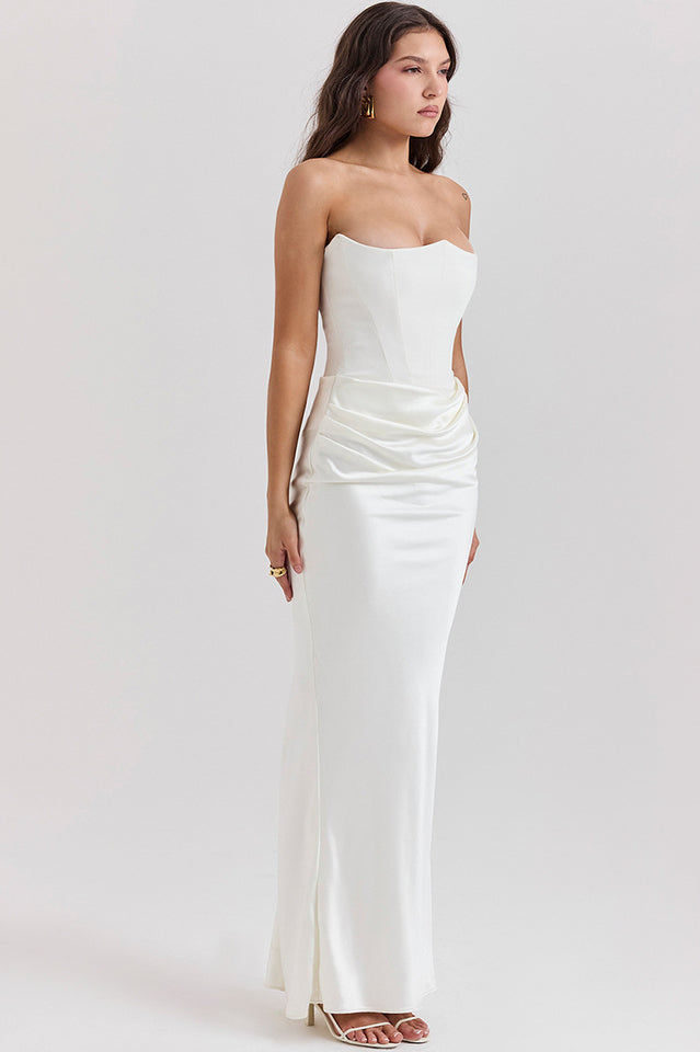 Off Shoulder Paneled Satin Midi Dress