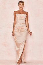 Satin Strapless High Slit Maxi Dress