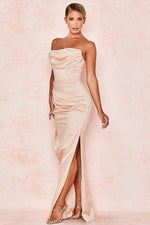 Satin Strapless High Slit Maxi Dress