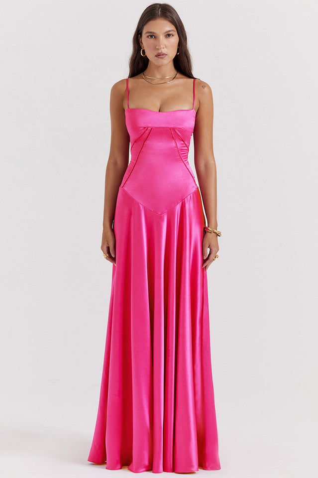 Elegant Satin Lace Up Back Maxi Dress