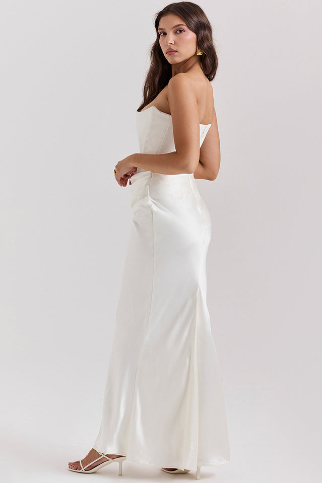 Off Shoulder Paneled Satin Midi Dress
