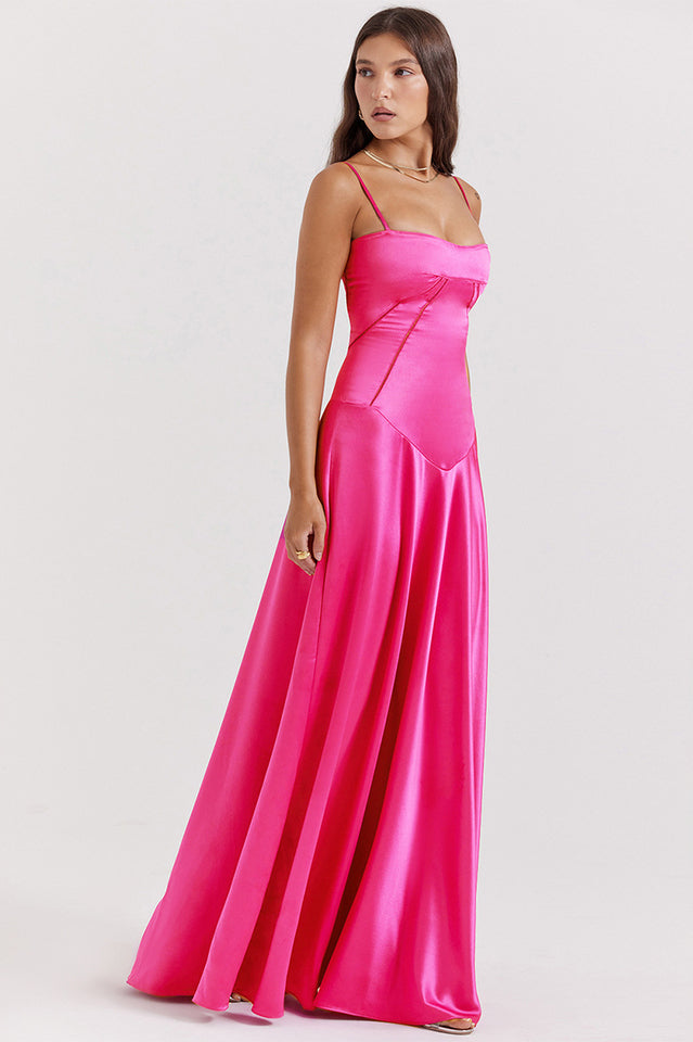Elegant Satin Lace Up Back Maxi Dress
