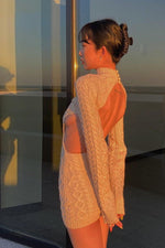 Beige Cable Knit Backless Wool Mini Dress