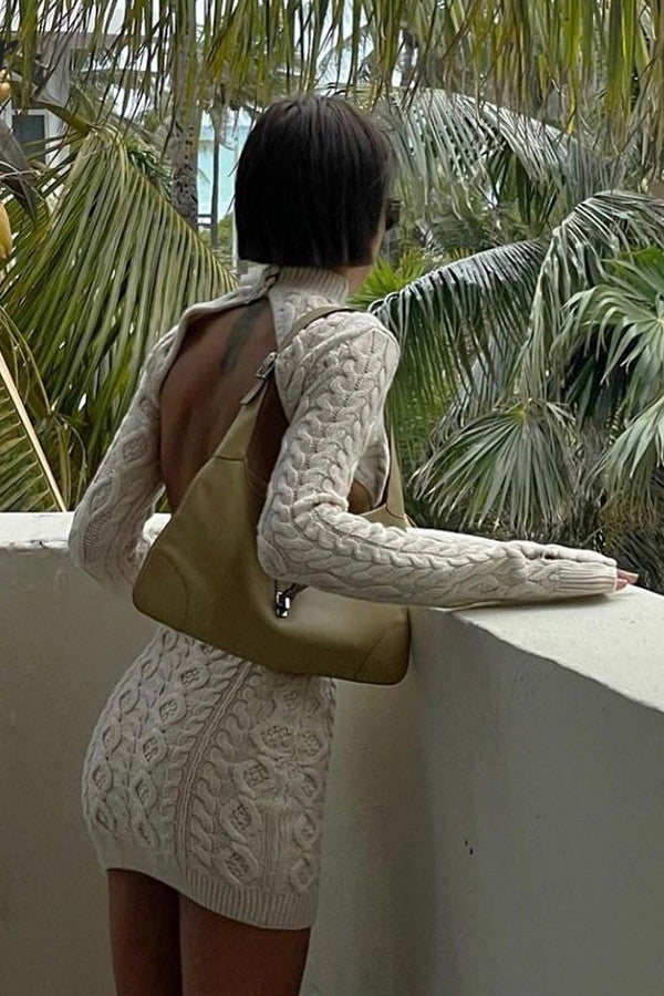 Beige Cable Knit Backless Wool Mini Dress