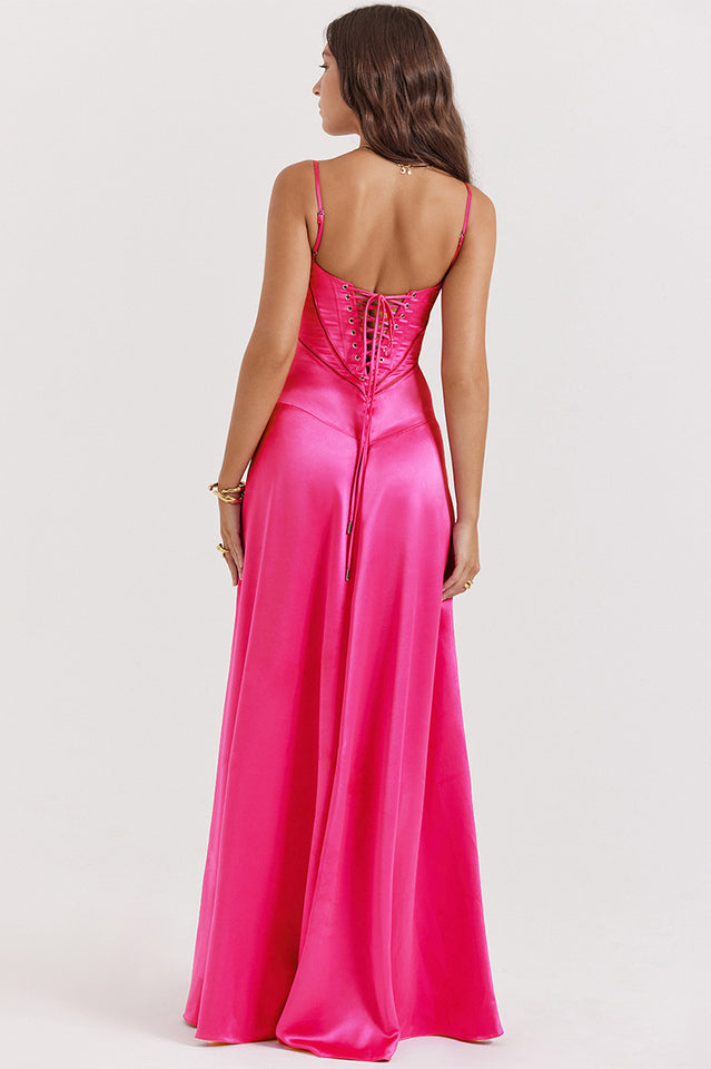 Elegant Satin Lace Up Back Maxi Dress