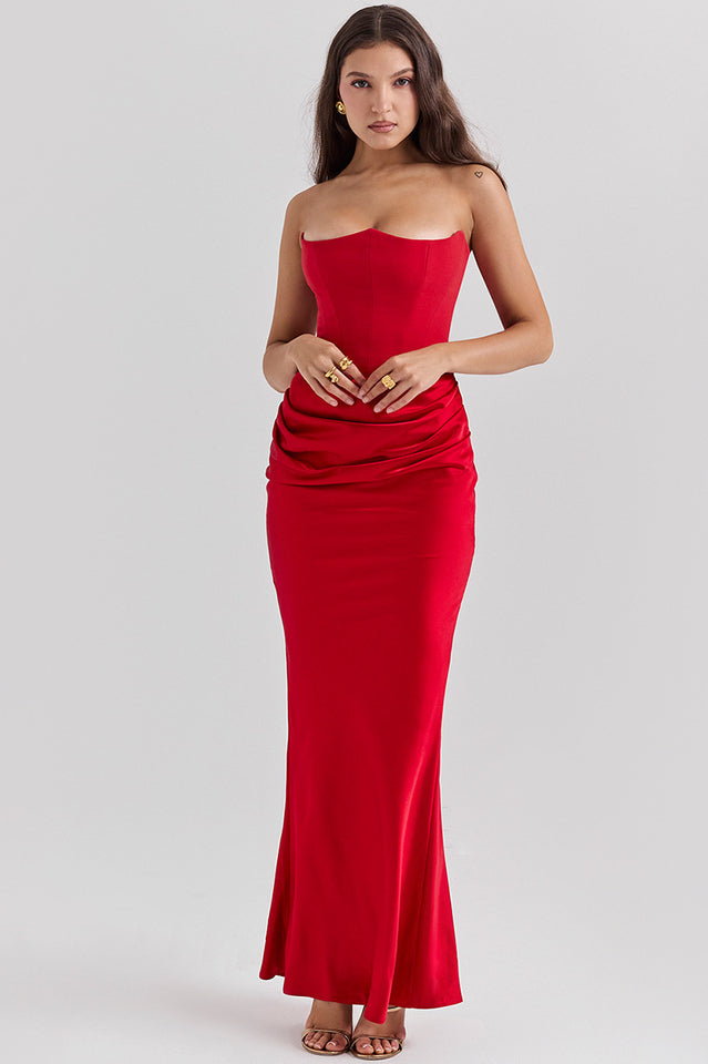 Off Shoulder Paneled Satin Midi Dress