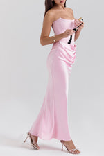 Off Shoulder Paneled Satin Midi Dress
