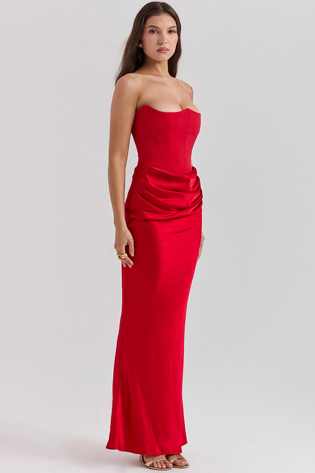 Off Shoulder Paneled Satin Midi Dress
