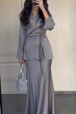 Grey Satin Wrap Top and Skirt Two Piece Suits
