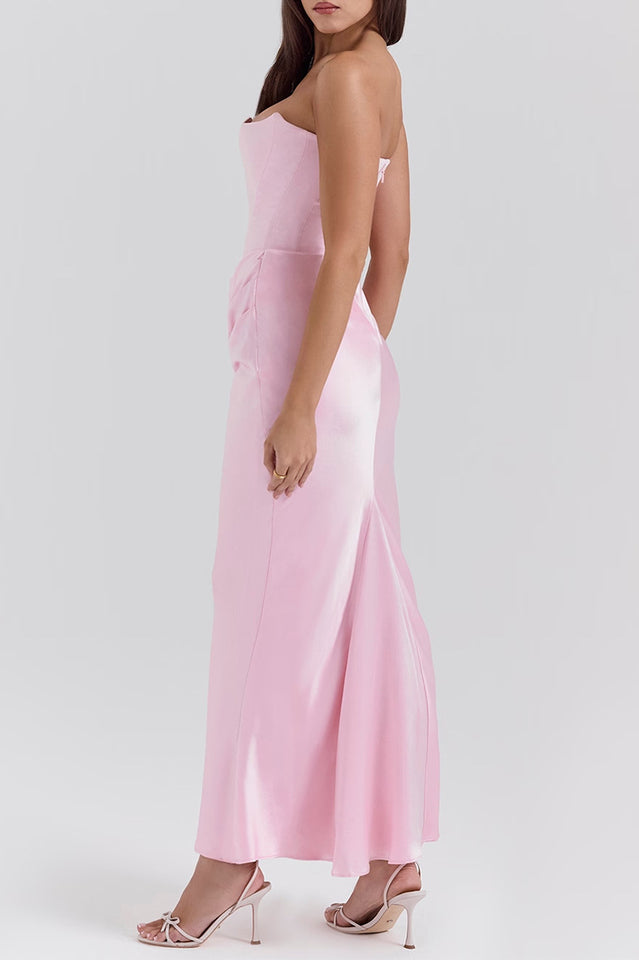Off Shoulder Paneled Satin Midi Dress