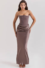 Off Shoulder Paneled Satin Midi Dress