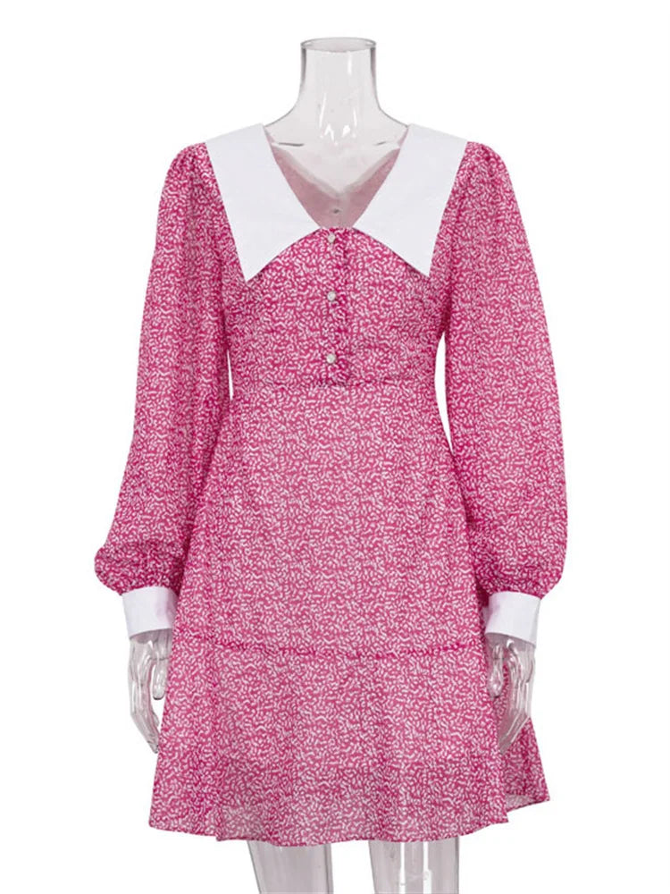 Pink Floral Long Sleeves Chiffon Mini Dress