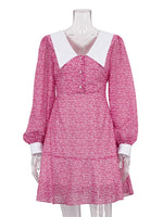 Pink Floral Long Sleeves Chiffon Mini Dress