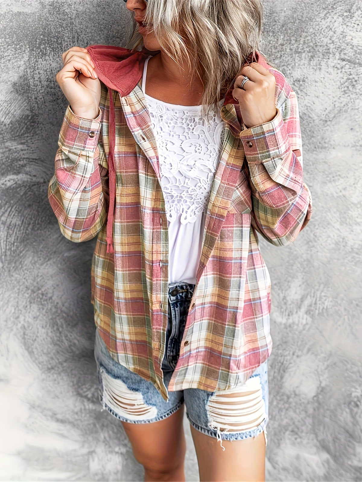 Tartan Plaid Print Drawstring Hooded Shirt