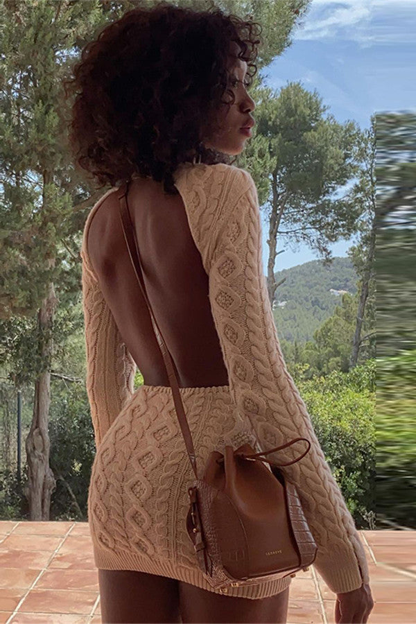 Beige Cable Knit Backless Wool Mini Dress