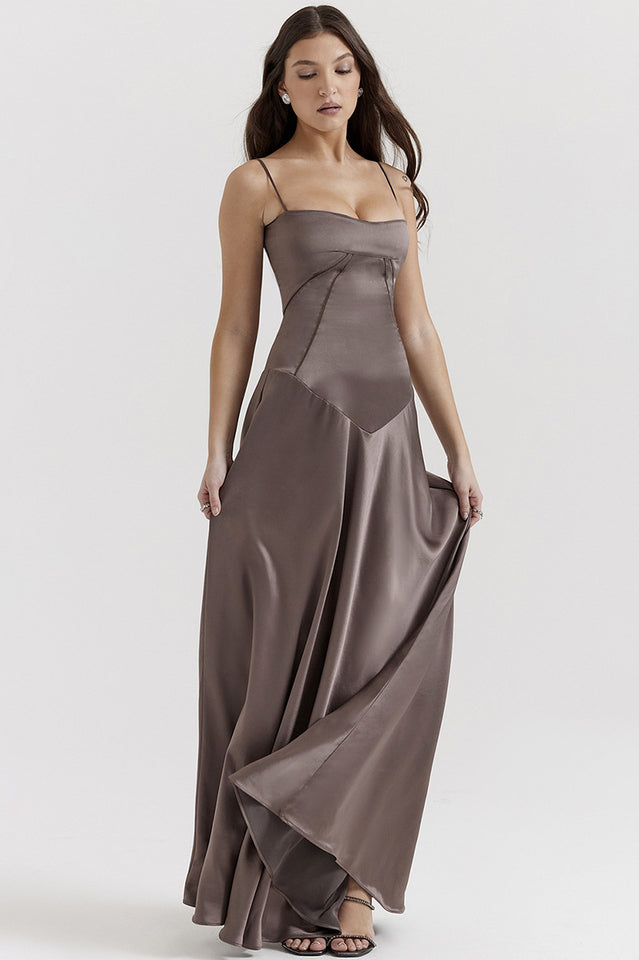 Elegant Satin Lace Up Back Maxi Dress