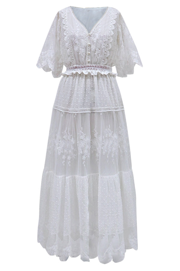 Sweet White Crochet Lace Maxi Dress