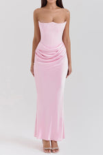 Off Shoulder Paneled Satin Midi Dress