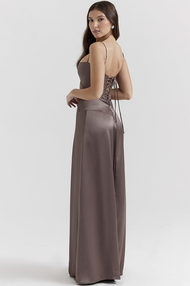 Elegant Satin Lace Up Back Maxi Dress