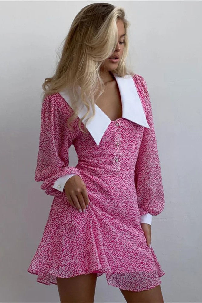 Pink Floral Long Sleeves Chiffon Mini Dress