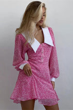 Pink Floral Long Sleeves Chiffon Mini Dress