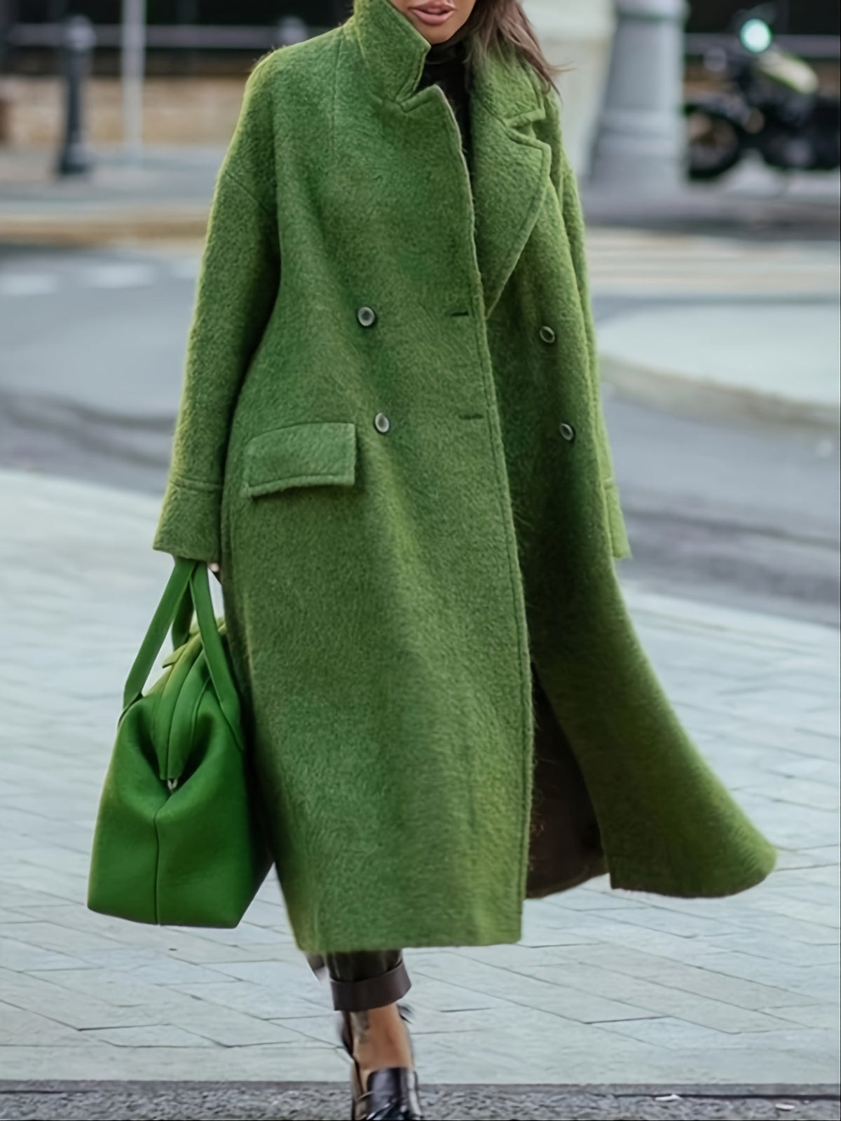 Elegant Green Long Woolen Coat