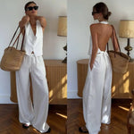 Solid Linen Vest and Wide-Leg Pants Two-Piece Set