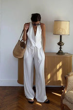 Solid Linen Vest and Wide-Leg Pants Two-Piece Set