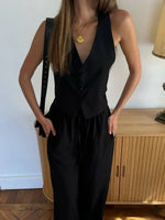 Solid Linen Vest and Wide-Leg Pants Two-Piece Set
