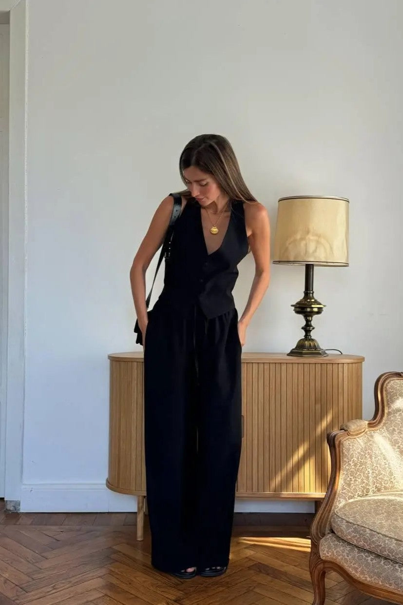 Solid Linen Vest and Wide-Leg Pants Two-Piece Set