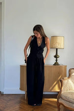 Solid Linen Vest and Wide-Leg Pants Two-Piece Set
