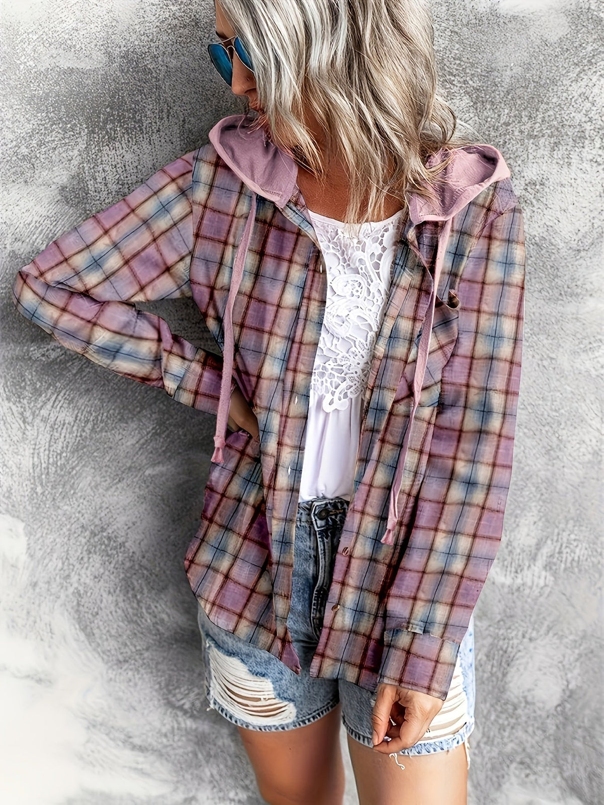 Tartan Plaid Print Drawstring Hooded Shirt